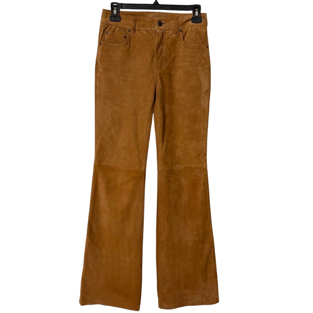 Mango MNG Straight Fit Brown Suede Goat Leather Pants Size 26 Boho Hippie 70s